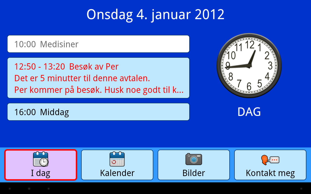 Screenshot of functionality Today in Norwegian